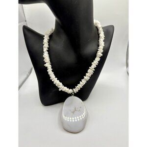 White Puka Shell Chip Necklace with Large Glass Pendant Beaded Boho